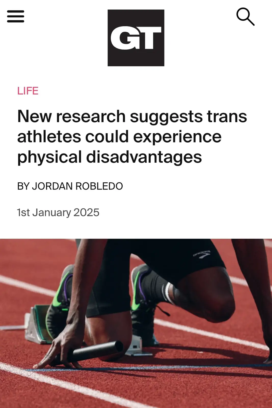 A screenshot of a fake news article from 'GT' dated January 1, 2025, with the headline 'New research suggests trans athletes…