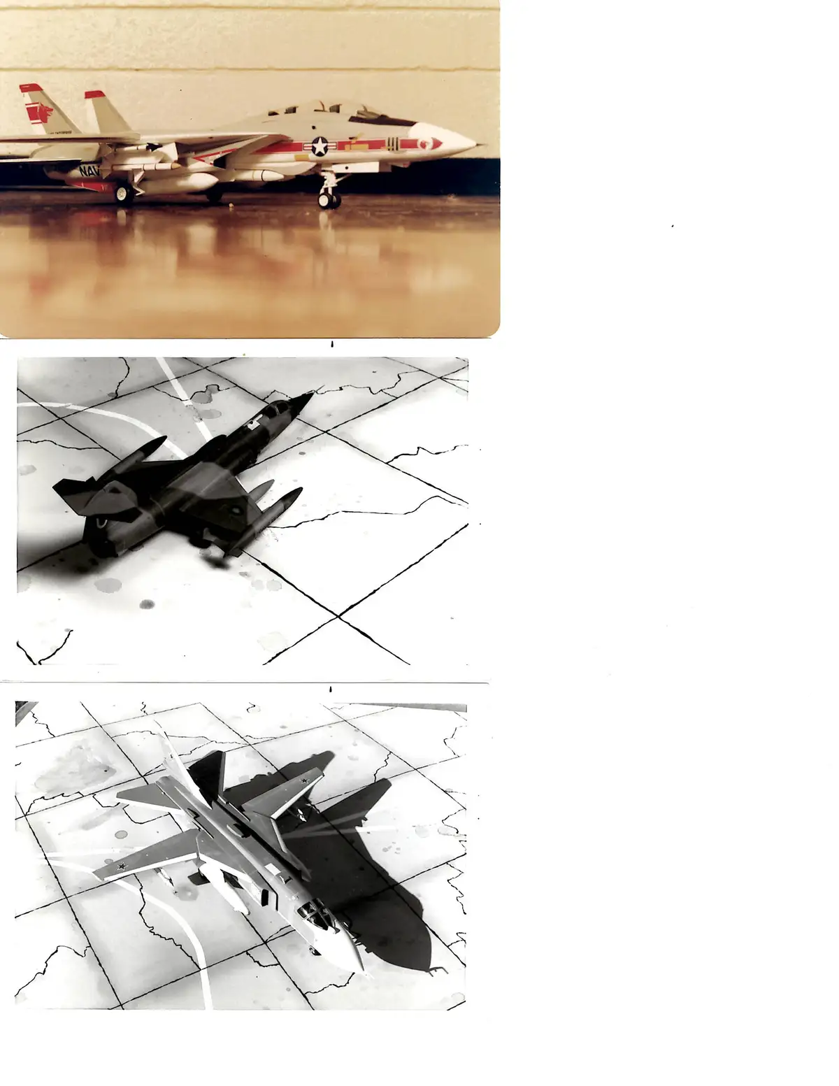 Three vertically stacked images show a model of an f-14 tomcat fighter jet. The top image shows the jet on a polished floor…