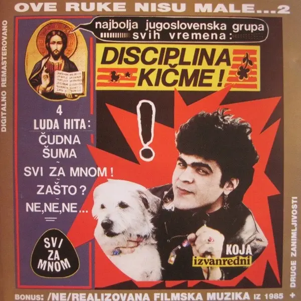 A Yugoslav-style album cover parody featuring a man with a white dog, a religious icon of Jesus, and bold red and yellow…