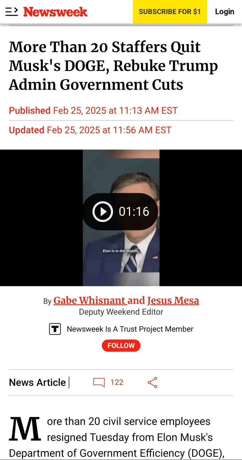A screenshot of a Newsweek article headline about staffers quitting Musk's DOGE, overlaid with a video thumbnail showing a…