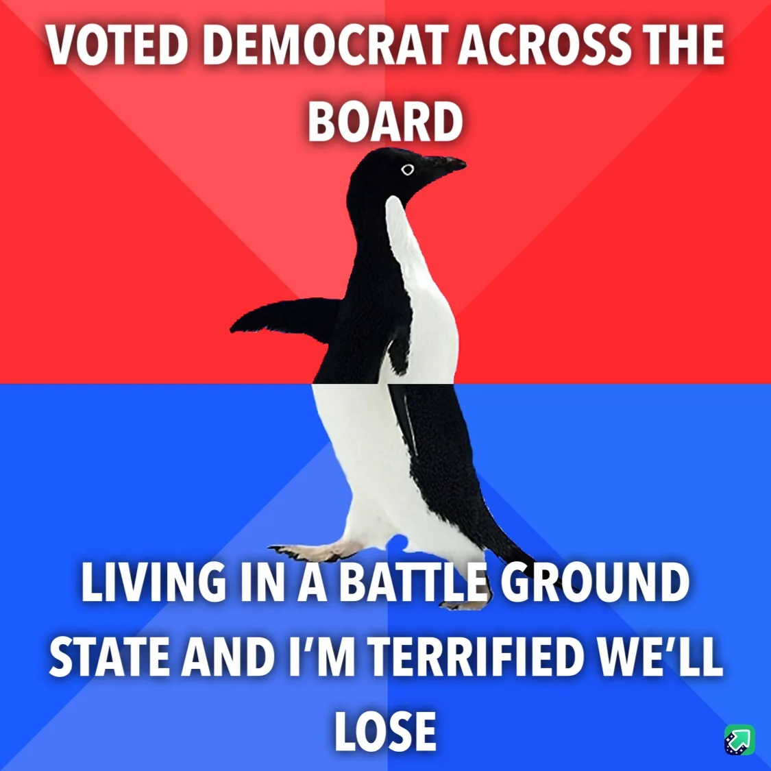A penguin stands centered against a red-and-blue background, split diagonally. White bold text at the top reads 'VOTED…