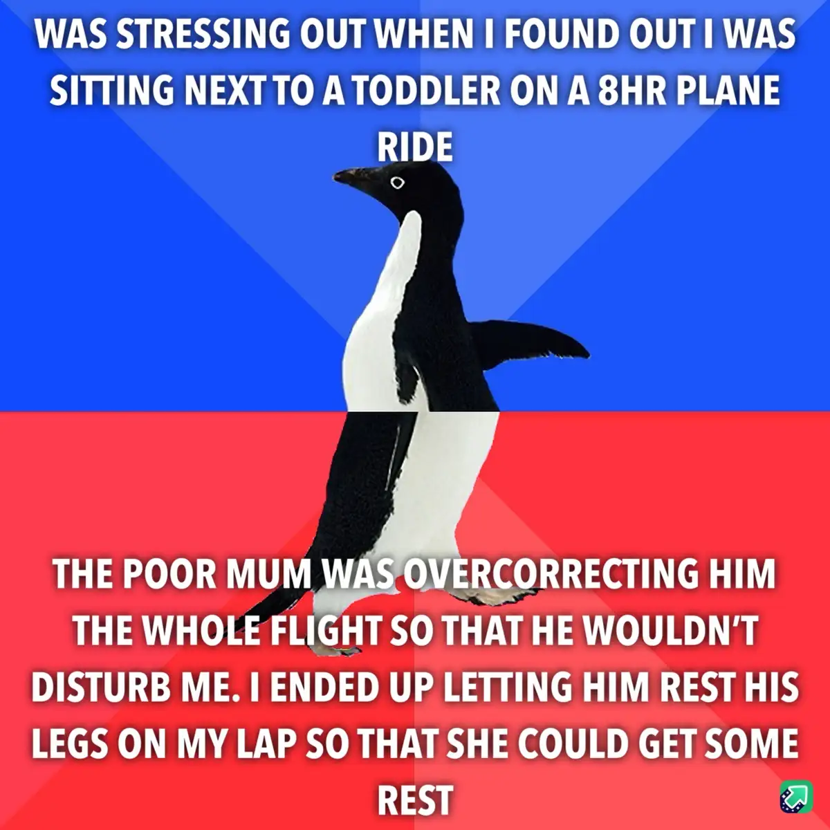 A penguin stands against a blue and red background with white text overlaid. The text describes a person stressed about…