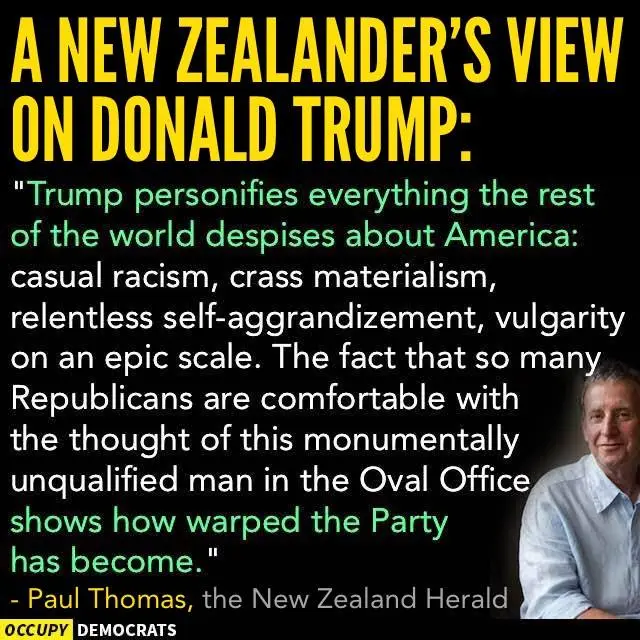 A black background image features a quote in yellow and green text attributed to Paul Thomas of the New Zealand Herald…