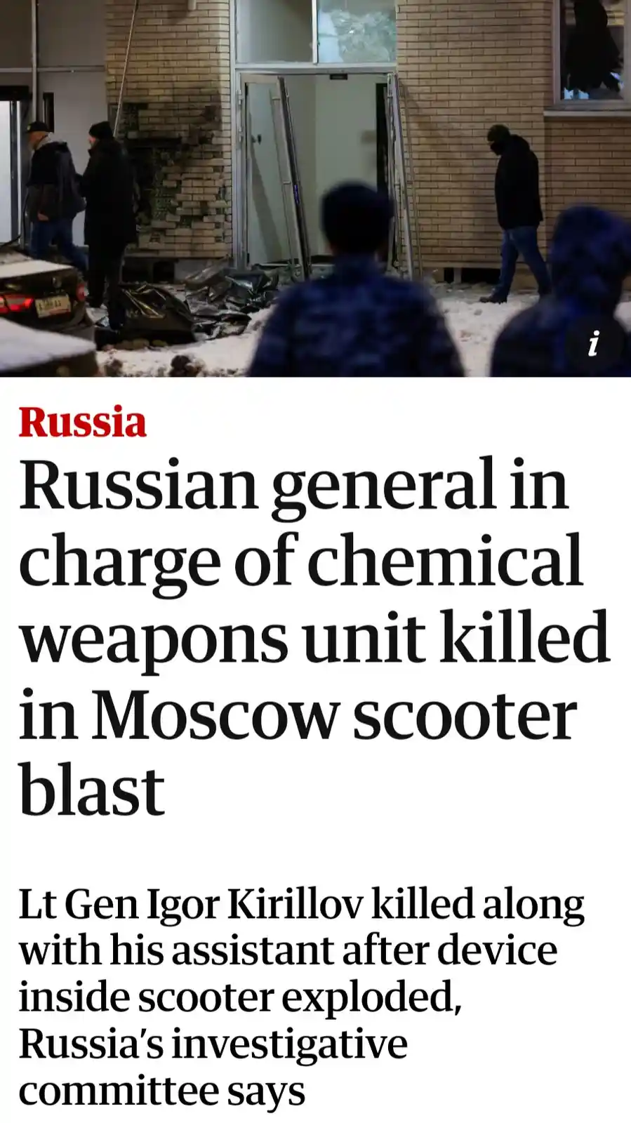 The image shows a news headline overlaying a photo of a damaged building with people in winter clothing. The headline…