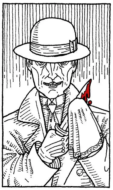 A black-and-white line drawing depicts a man in a fedora and trench coat holding a bottle with a red flame or liquid…