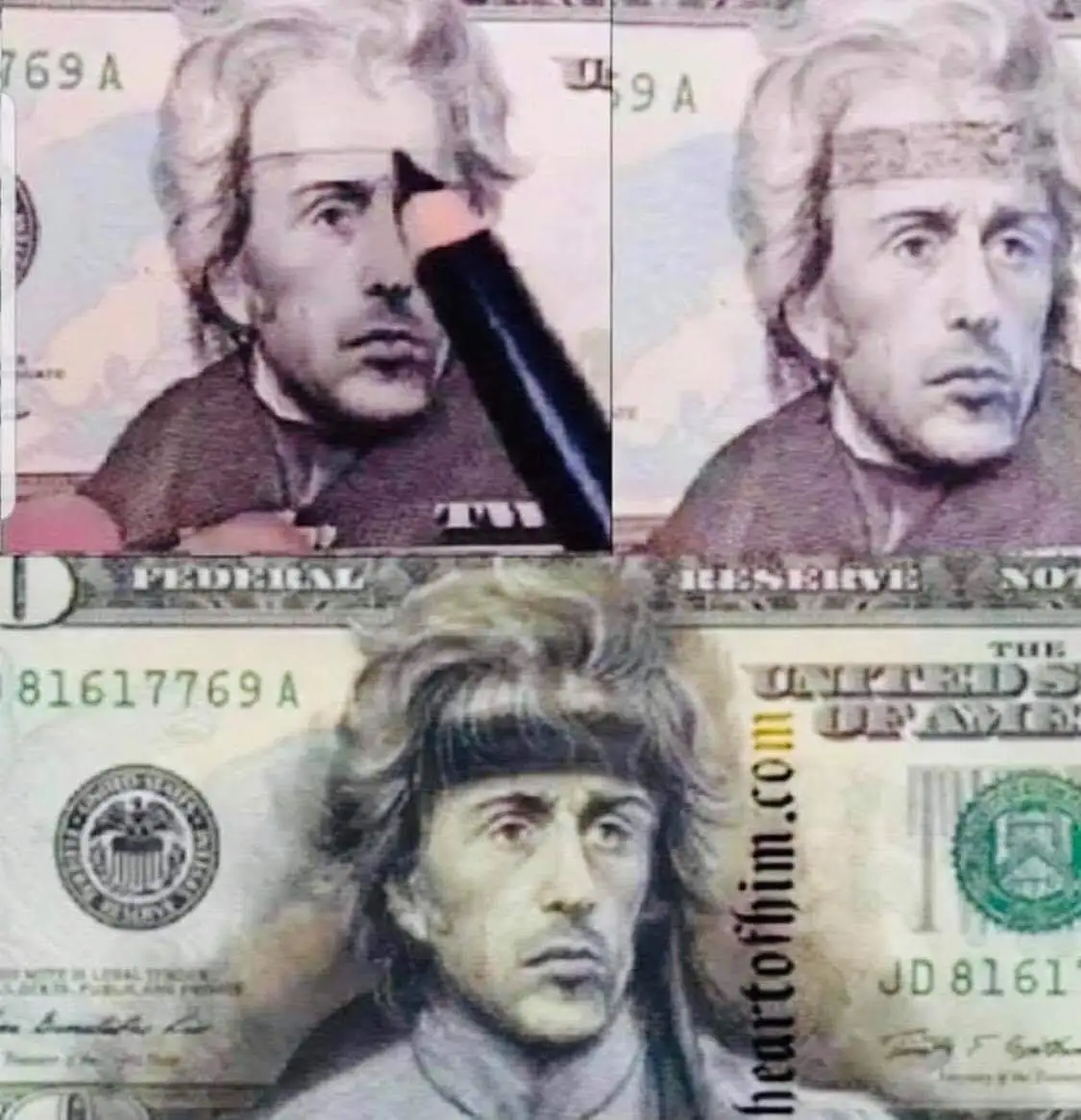 The image shows three U.S. dollar bills, each featuring a portrait of a man with a progressively more disheveled hairstyle…