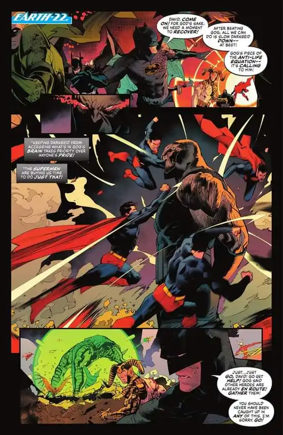 A comic book panel from Earth-22 shows Batman and Superman fighting Darkseid. Batman urges Superman to recover after…