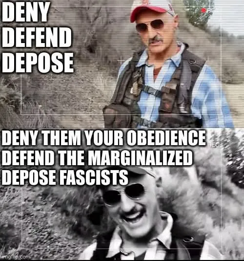 The image is a two-panel meme featuring the same man in both panels, wearing a red cap, sunglasses, and a tactical vest. In…