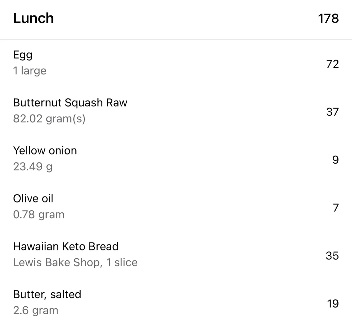 A screenshot of a nutrition tracking app showing a 'Lunch' meal totaling 178 calories, listing items like egg, butternut…