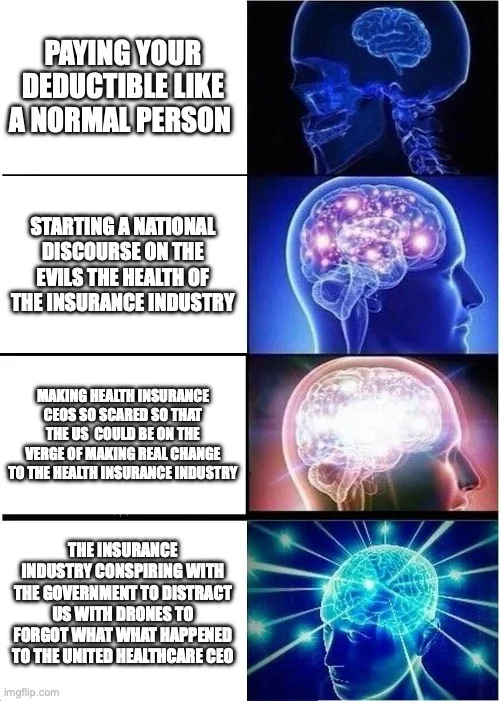 A four-panel meme shows a human head with a brain progressively glowing brighter and more intensely in each panel. The text…