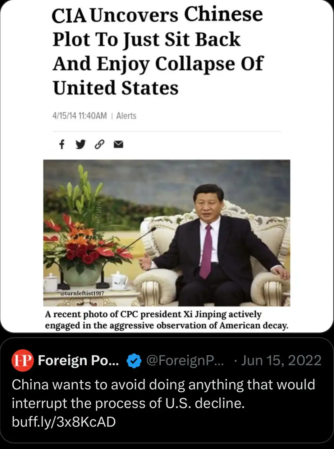 The image displays a mock news article with a headline claiming the CIA uncovered a Chinese plot to sit back and enjoy the…
