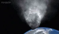 A six-panel image sequence shows a celestial body approaching Earth, then a sunrise over a landscape, then the body…