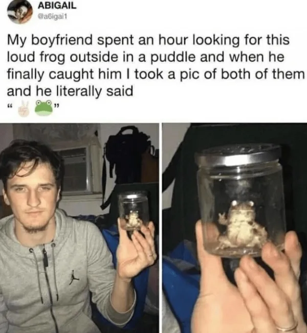 The image is a two-panel meme. The left panel shows a man holding a small glass jar containing a frog, looking at the camera…