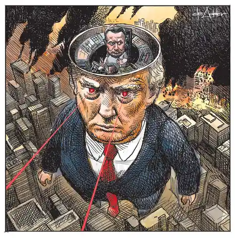 This political cartoon depicts a caricature of Donald Trump with glowing red eyes emitting laser beams, standing atop a…