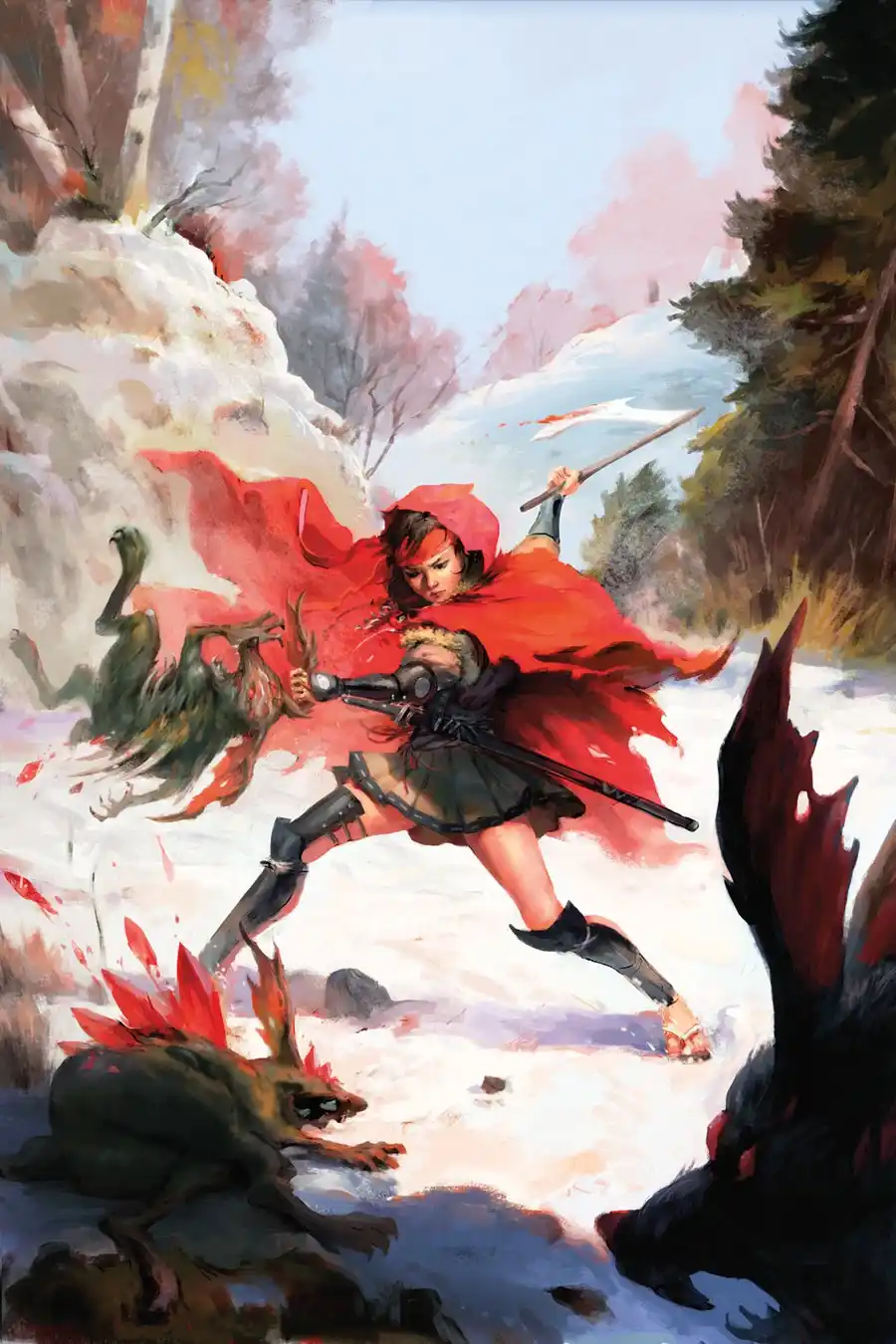 A dynamic fantasy illustration shows a young woman in a flowing red cape and dark armor, mid-swing with a sword, fighting…