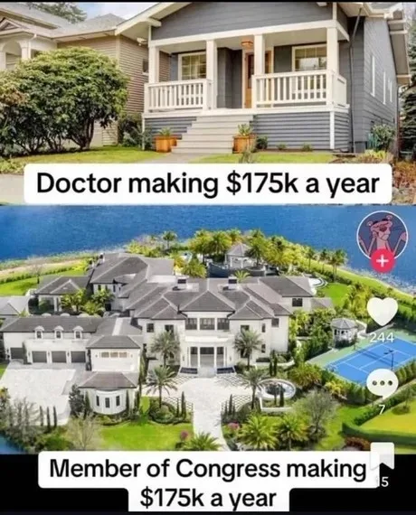 The image is split into two halves. The top half shows a modest, single-story gray house with a porch and lawn. The bottom…