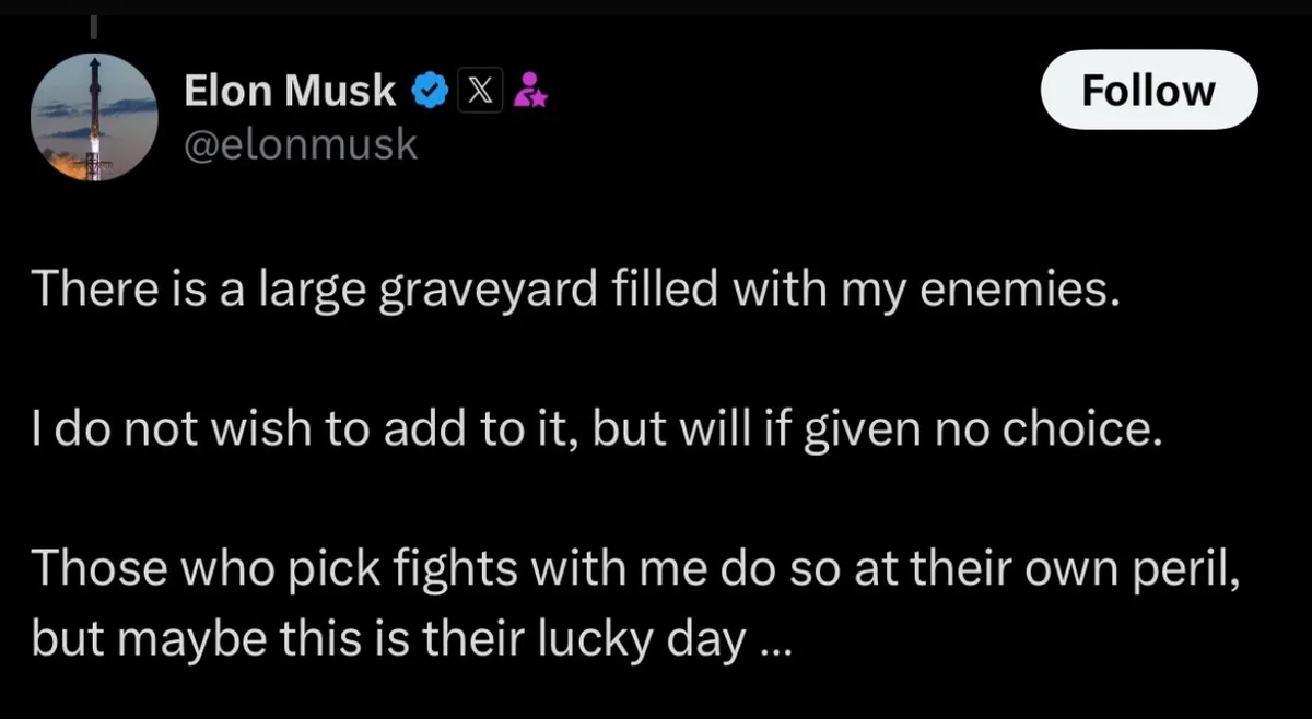 A screenshot of a tweet from Elon Musk's verified X account, showing his profile picture of a rocket launch and his handle…