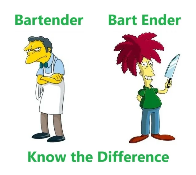The image displays two cartoon characters side by side. On the left, a yellow-skinned man with a white apron and bow tie…