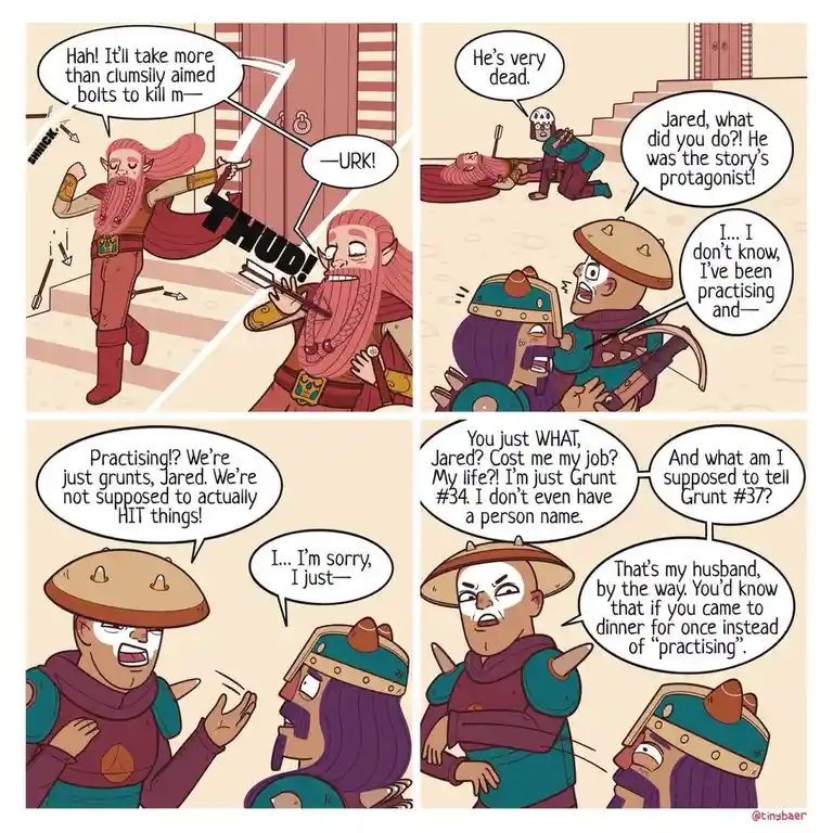 A four-panel comic strip shows a fantasy archer named Jared accidentally killing a protagonist with a clumsy arrow during…