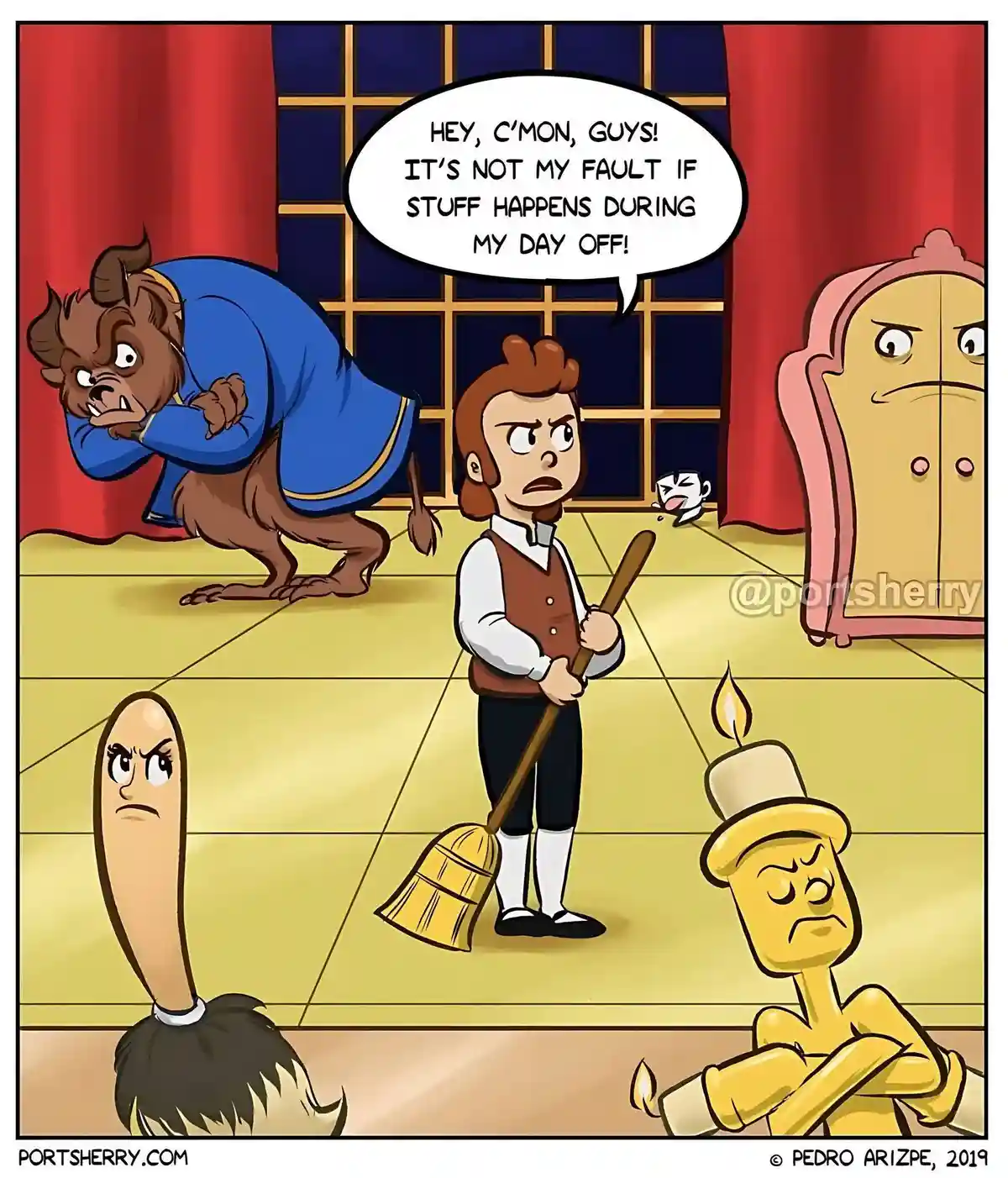 A cartoon depicts the Beast from Beauty and the Beast in a blue robe, crouching and looking panicked, while a human…