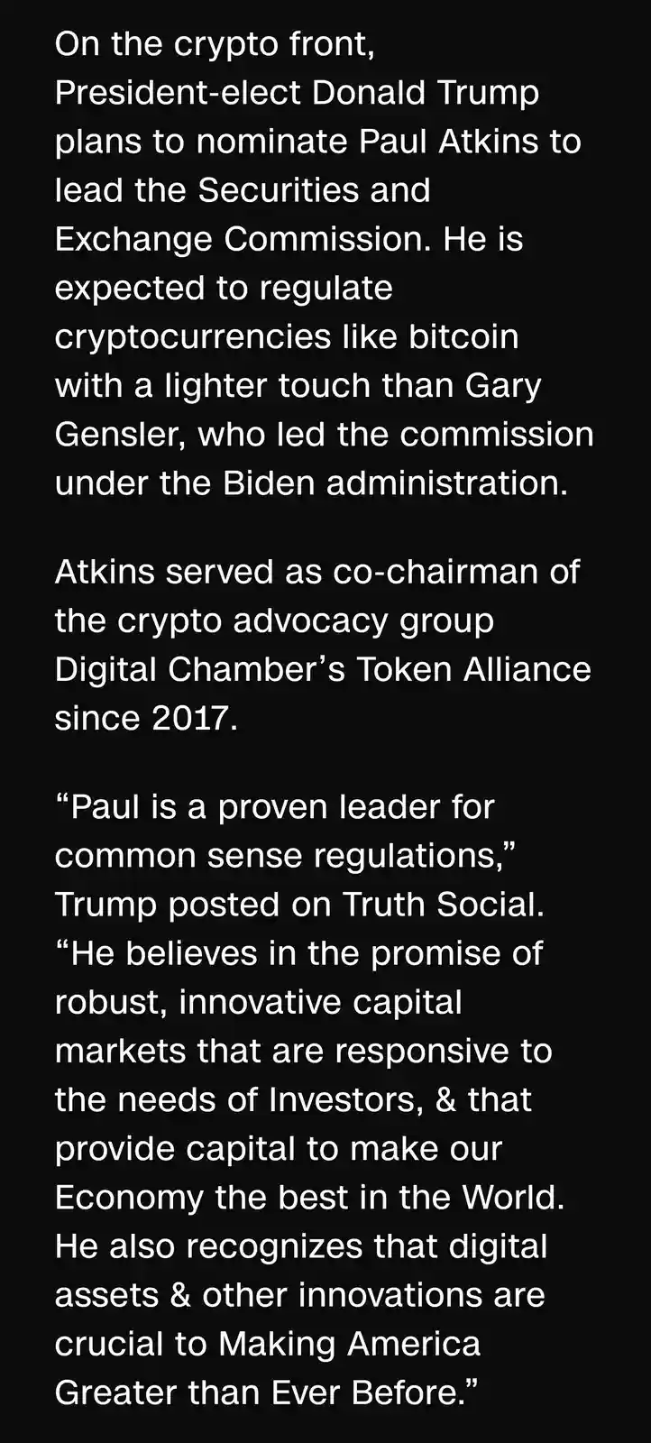The image is a black background with white text that reads a news-style article about Donald Trump's plan to nominate Paul…