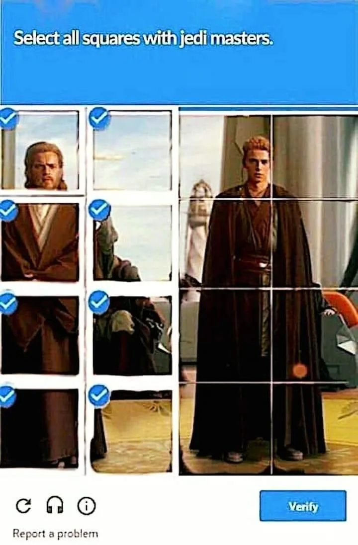 An image of a CAPTCHA-style verification screen with the instruction 'Select all squares with jedi masters.' The left side…