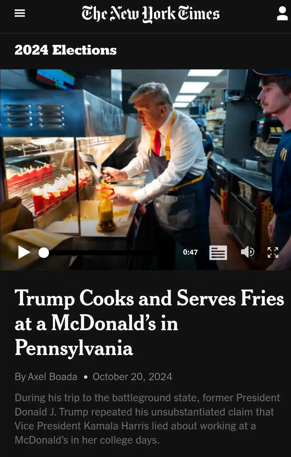 The image shows a screenshot of a New York Times article with a headline about Donald Trump cooking fries at a McDonald's in…