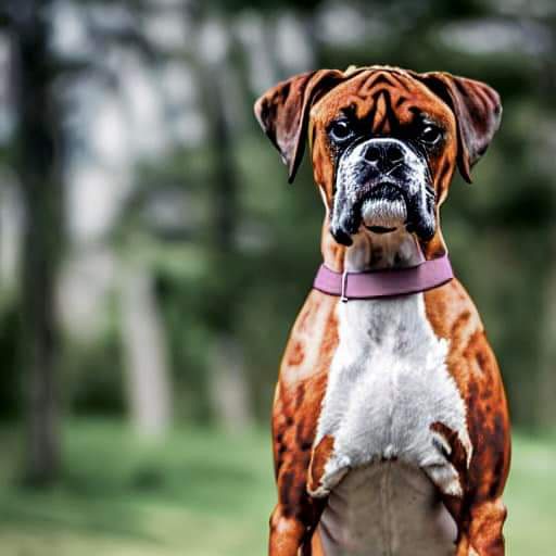 A brown and white boxer dog with a purple collar stares directly at the camera with a serious, slightly confused expression…
