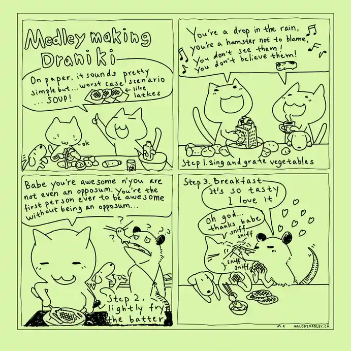 A four-panel comic strip with cartoon cats and a mouse making draniki (a type of latke). The first panel shows cats…