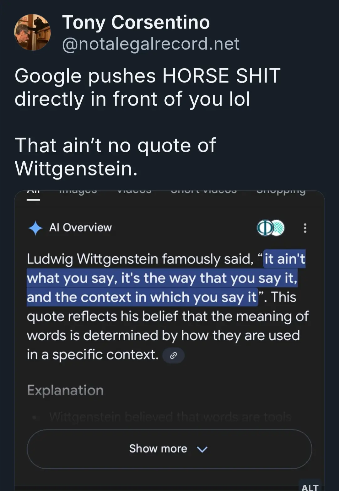 A screenshot of a social media post by Tony Corsentino criticizing Google for displaying a fabricated quote attributed to…