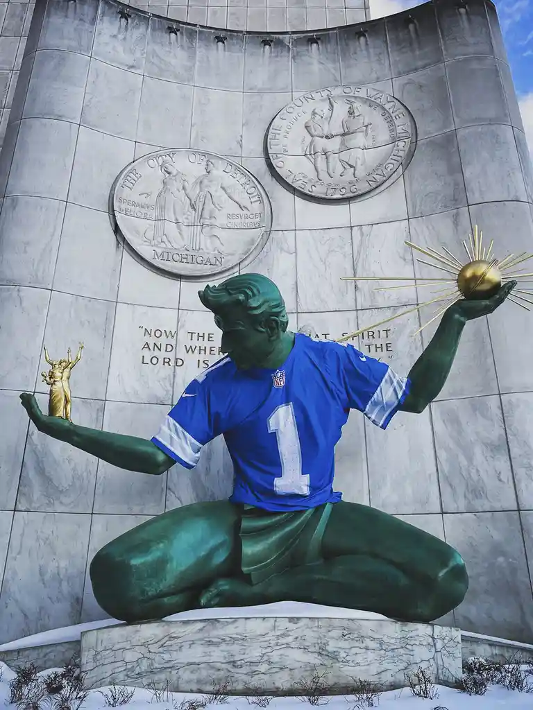 A green statue of a kneeling figure, originally holding a golden sunburst and a small golden statue, is digitally edited to…