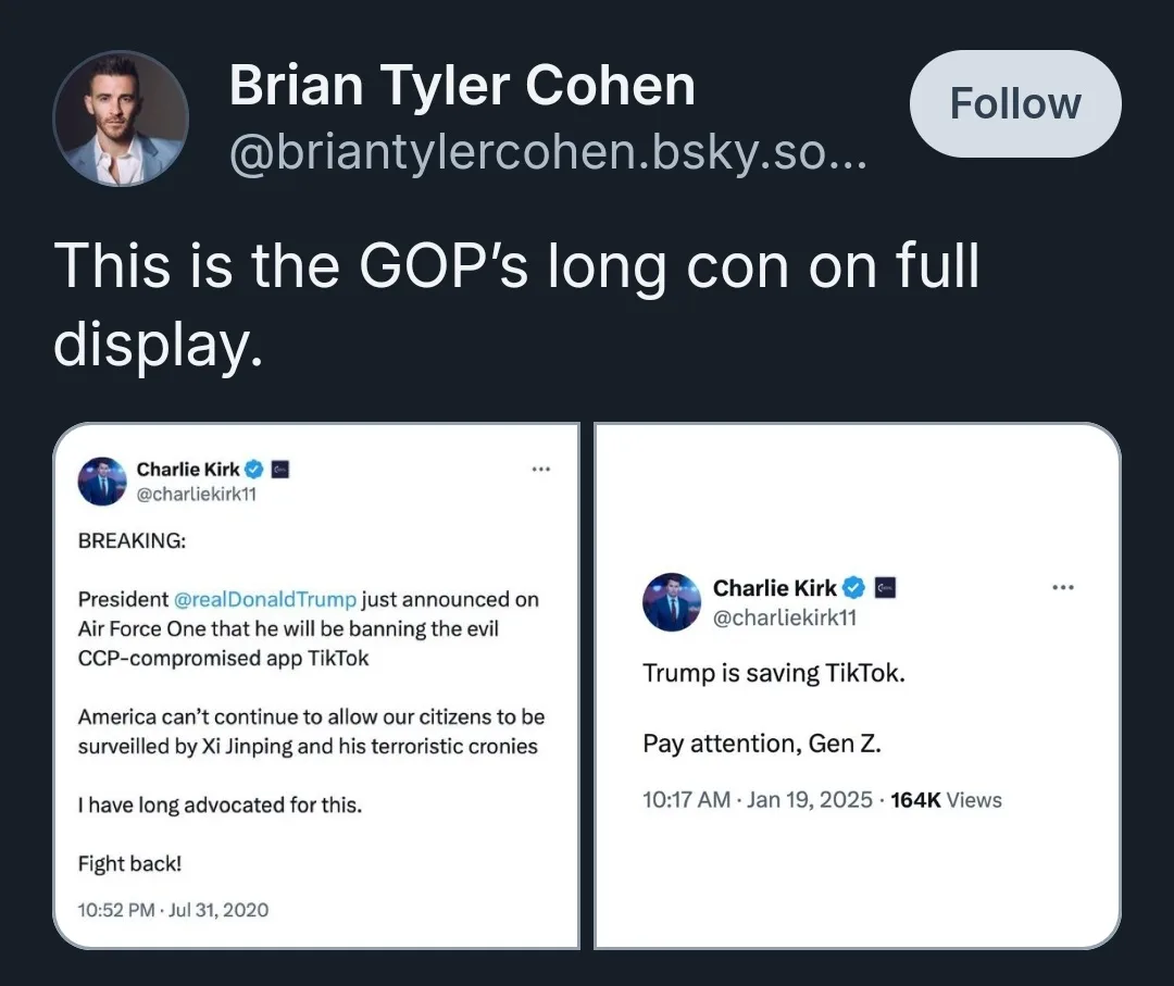 A screenshot of a social media post by Brian Tyler Cohen showing two side-by-side tweets from Charlie Kirk. The left tweet…