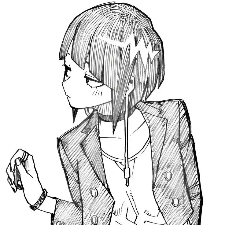 A black-and-white sketch of an anime-style girl with short hair, wearing a blazer and earphones, looking down with a tired…