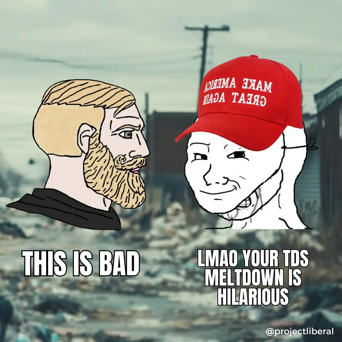 The image shows two cartoon-style heads facing each other against a blurred background of rubble and debris. The person on…