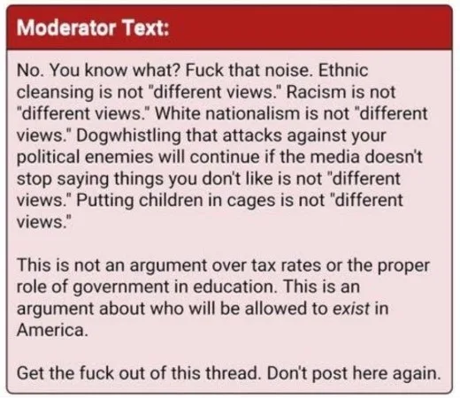 A screenshot of a moderator's message in a red-bordered box with white text, stating that certain political positions are…