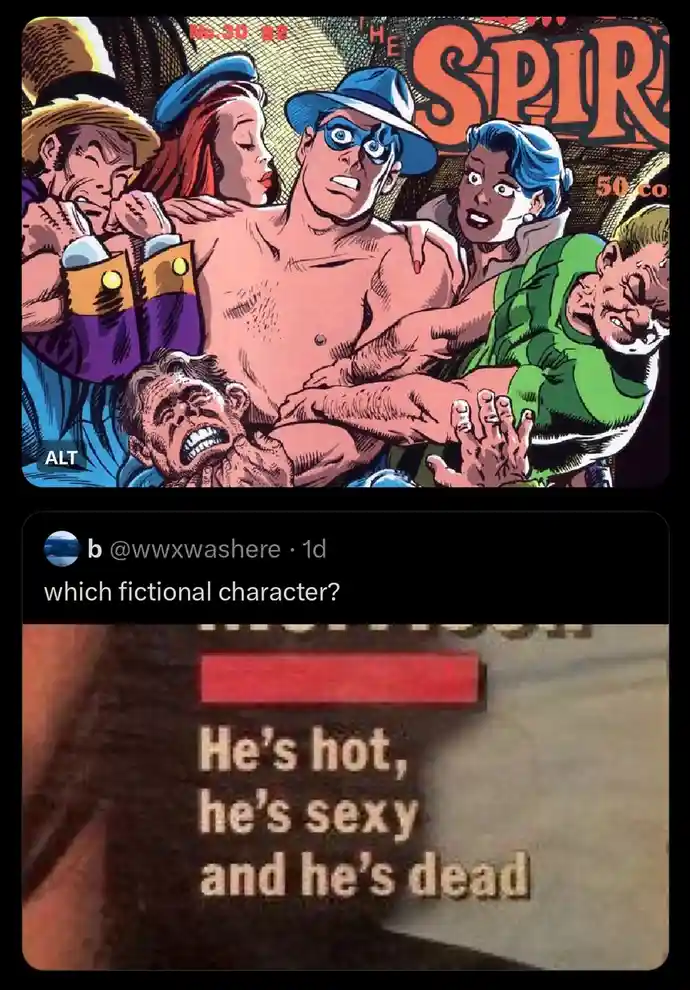The top panel shows a vintage comic book cover of 'The Spirit' featuring a shirtless, masked hero surrounded by admirers and…