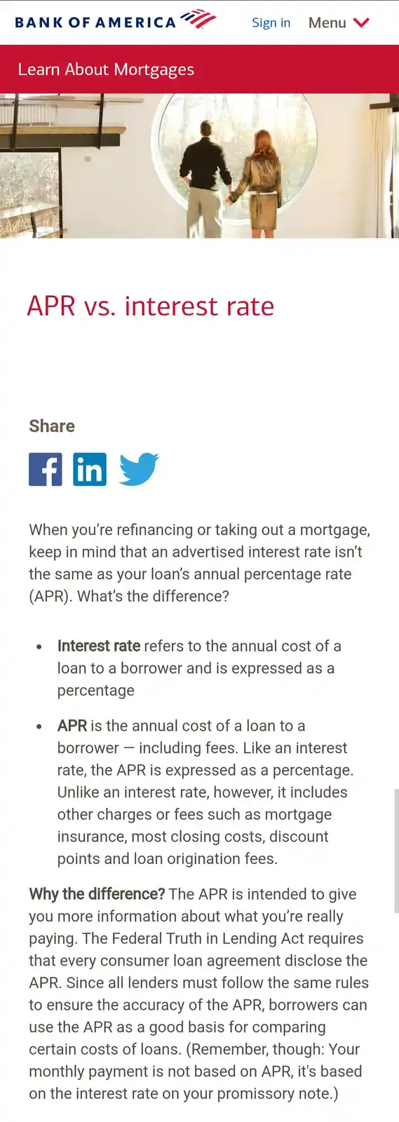 A screenshot of a Bank of America webpage titled 'Learn About Mortgages' shows a couple holding hands and looking out a…