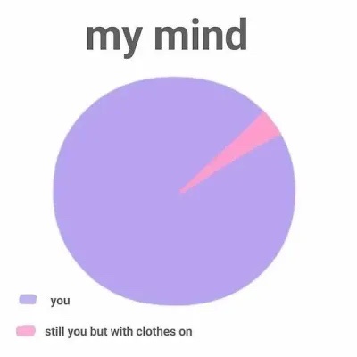 A pie chart titled 'my mind' shows a large lavender slice labeled 'you' and a tiny pink slice labeled 'still you but with…