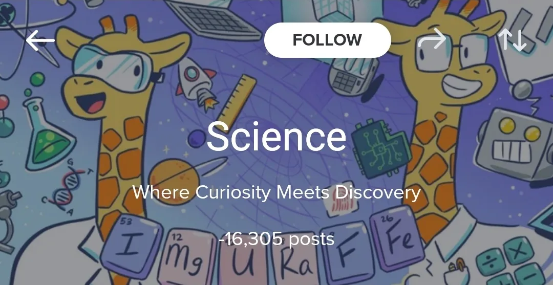 A screenshot of a social media profile page titled 'Science' with the tagline 'Where Curiosity Meets Discovery' and a post…