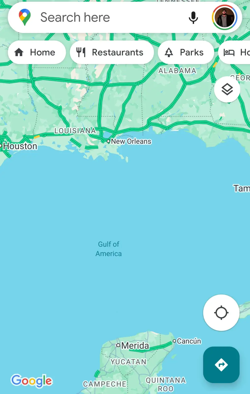 A Google Maps screenshot showing the Gulf of America label superimposed over the Gulf of Mexico, with Louisiana, Alabama…