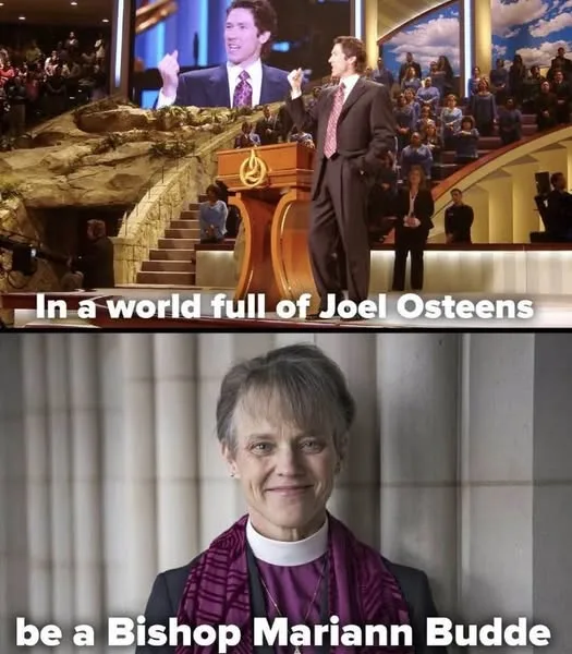 The top panel shows Joel Osteen speaking at a large church with a large screen behind him showing his face, while a man in a…