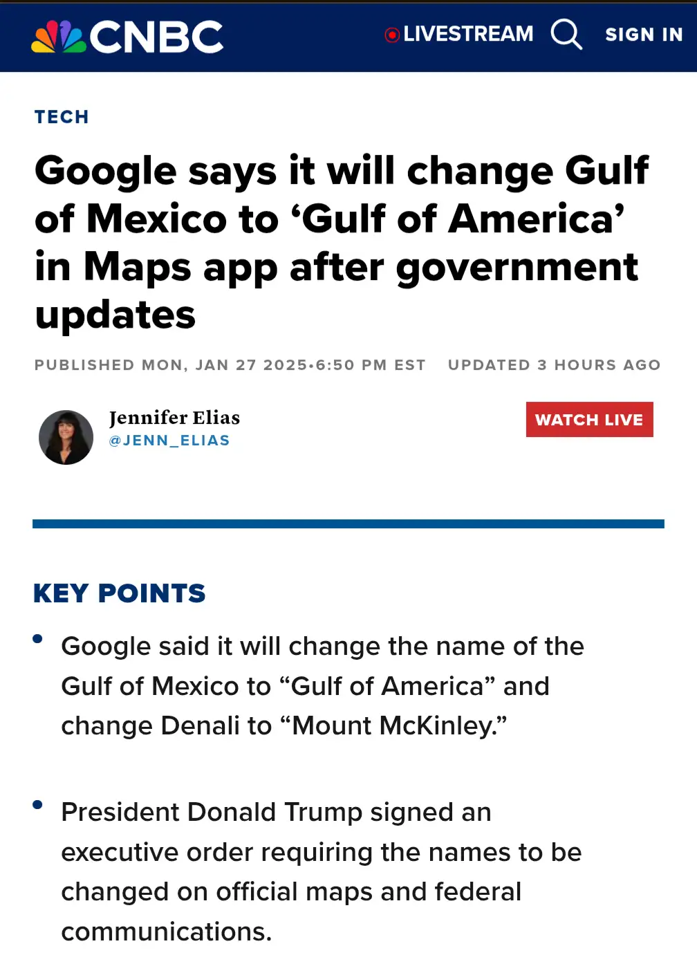A screenshot of a CNBC Tech article from January 27, 2025, falsely reporting that Google will rename the Gulf of Mexico to…