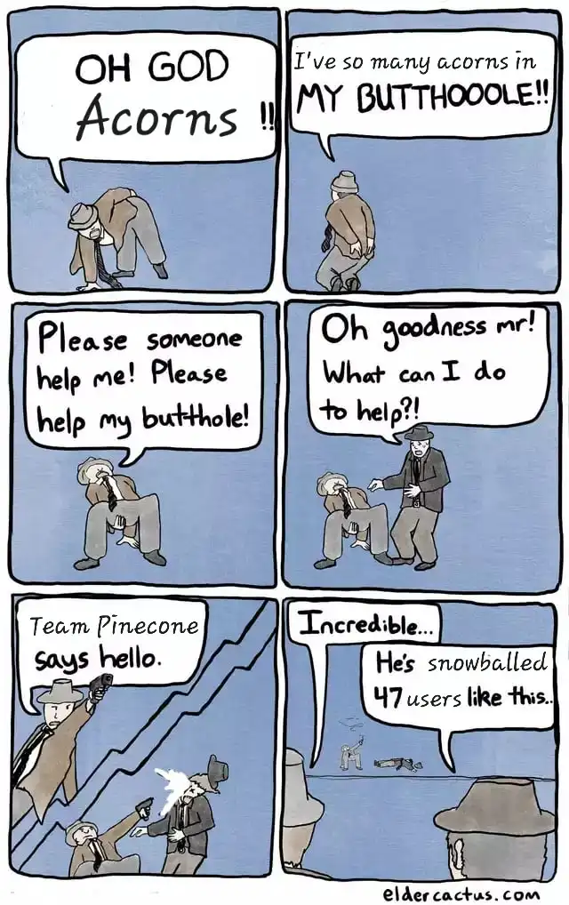 A six-panel comic strip depicts a man in a trench coat screaming about acorns stuck in his butt, begging for help, and then…