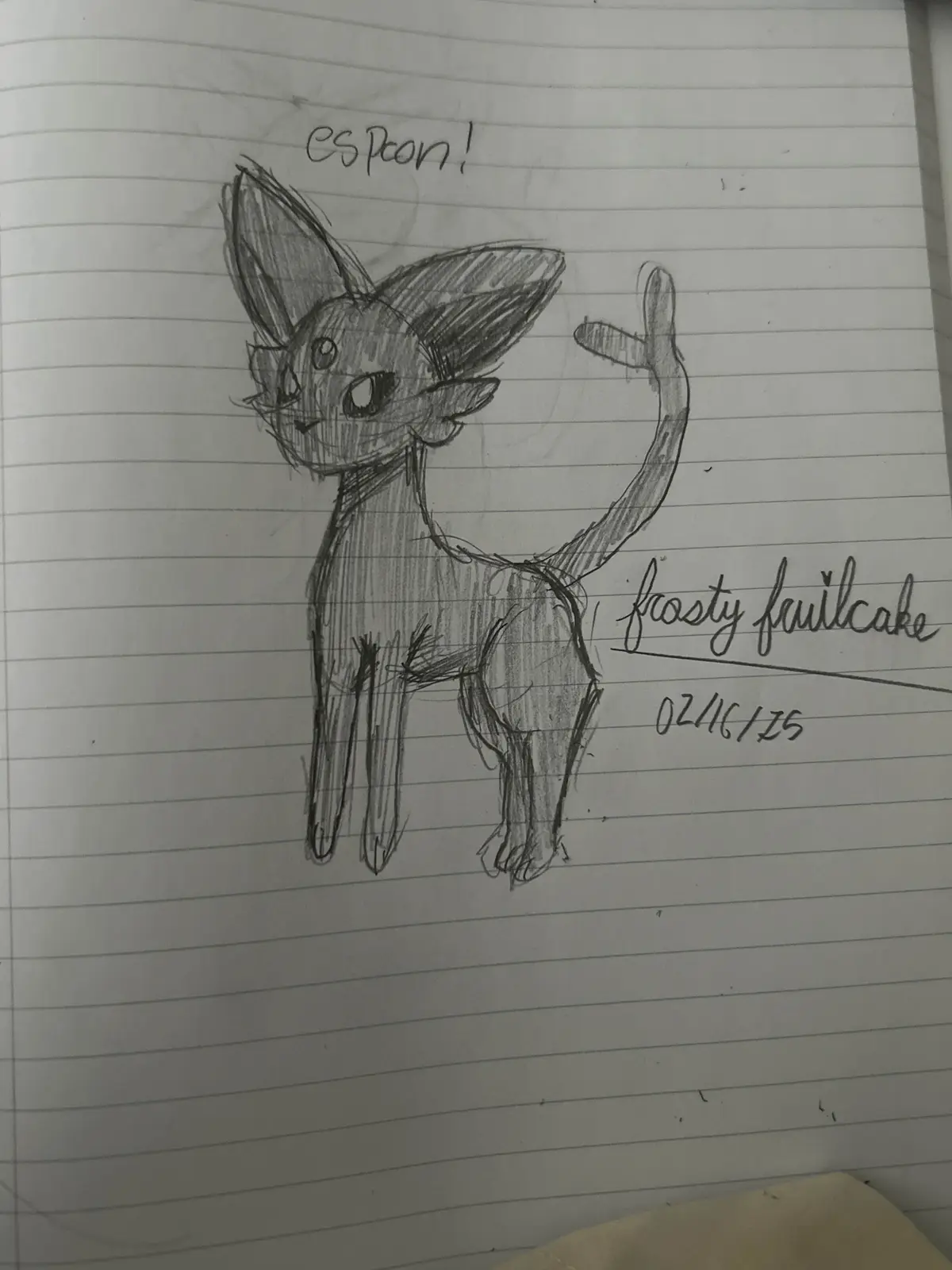 A hand-drawn pencil sketch on lined notebook paper depicts a stylized, cat-like creature with large ears and a raised tail…