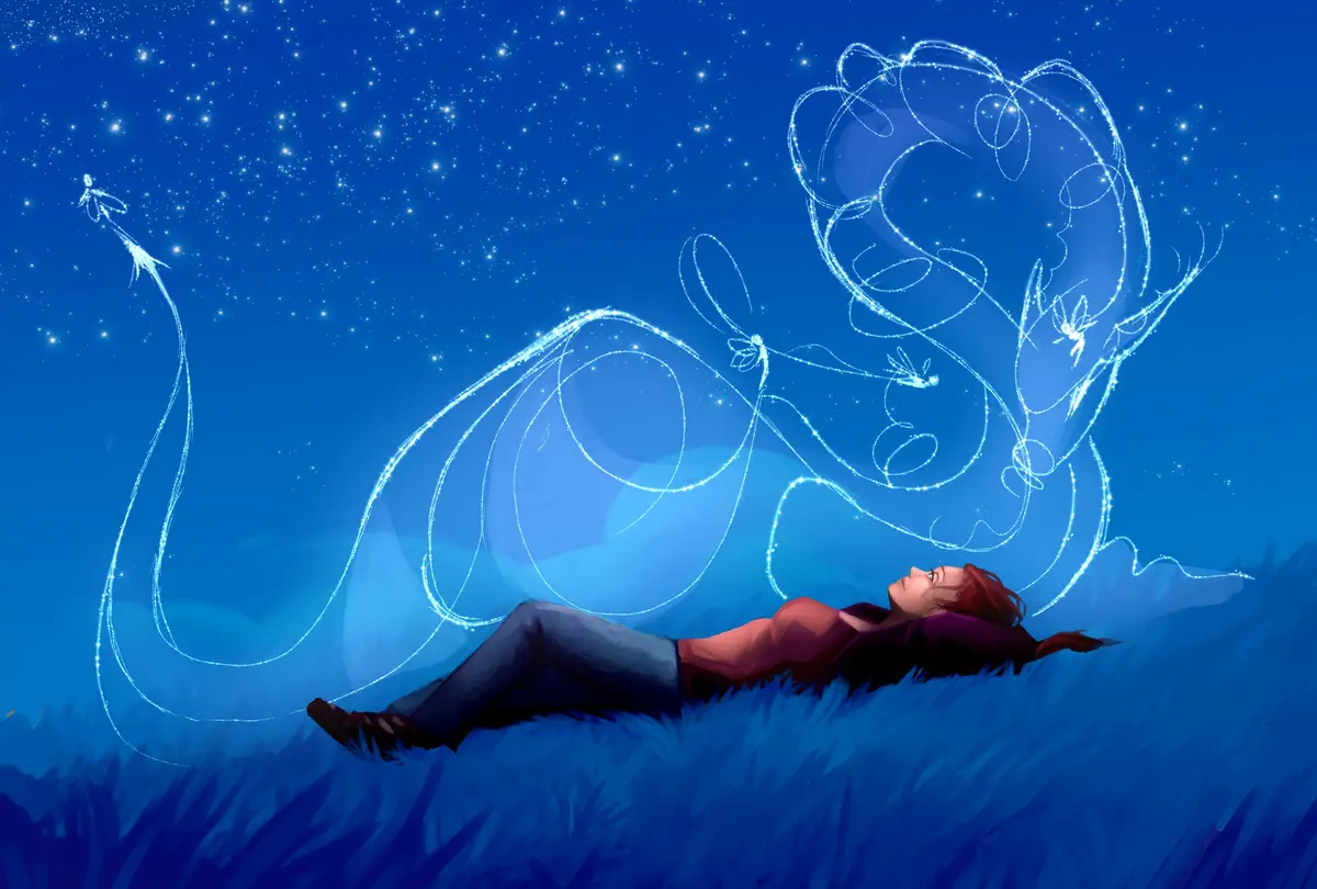 A person lies on their back in a field under a starry blue sky, gazing up at a large, glowing, ethereal figure made of white…