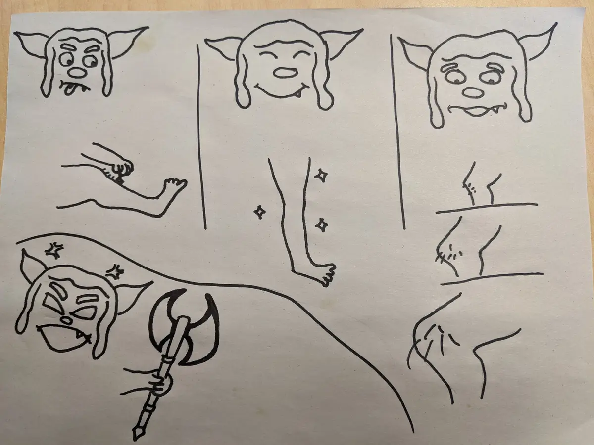A hand-drawn black-and-white comic strip on paper shows a character with pointed ears and long hair in three emotional…
