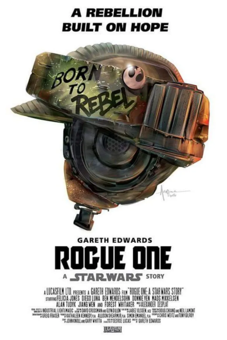 The image is a movie poster for 'Rogue One: A Star Wars Story' featuring a heavily modified, battle-worn helmet with the…