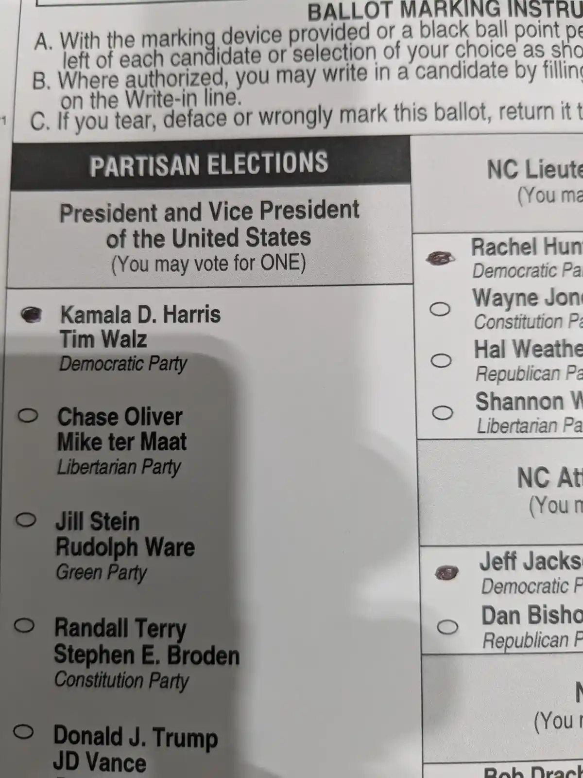 A close-up of a U.S. presidential ballot showing the Democratic ticket (Kamala Harris/Tim Walz) marked with a dark oval…