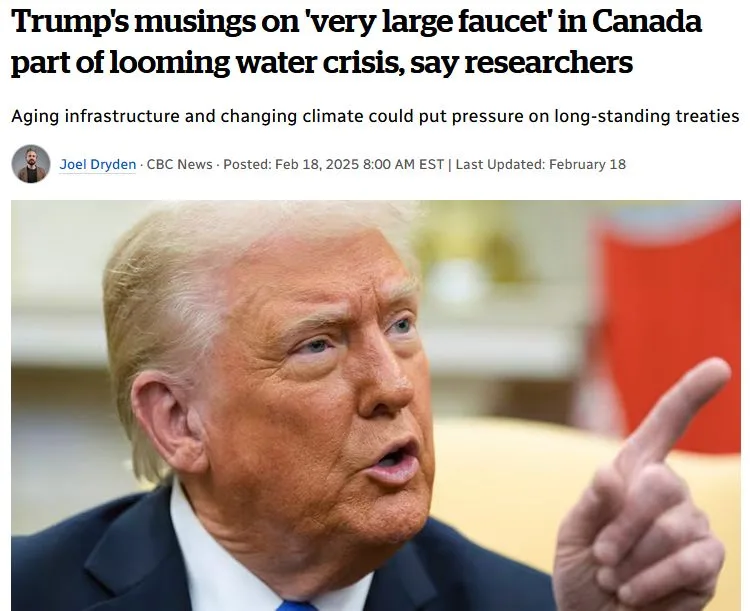 A screenshot of a CBC News article headline about Trump's comments on a 'very large faucet' in Canada being linked to a…