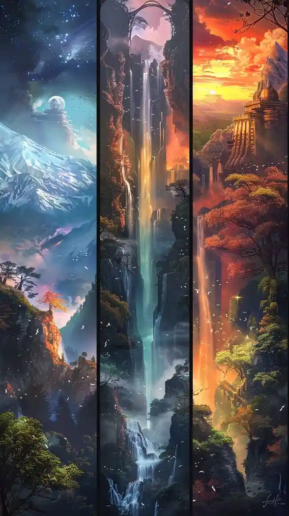 A vertical triptych artwork depicting three distinct fantasy realms: left panel shows a snowy mountain peak under a starry…